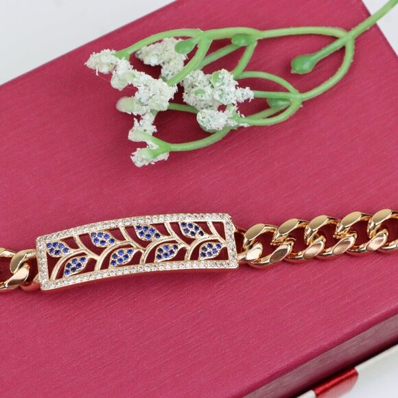 "Bold Leaf Design Rose Gold Bracelet with Blue Stones, XPBL0768 - Picture 8 of 12